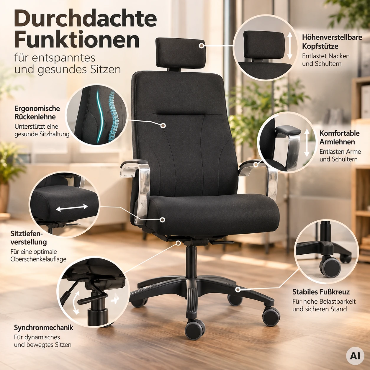EXA Hochlehner mit Kopfstütze - Ergonomischer XXL-Bürostuhl